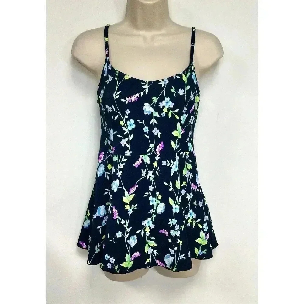 Vintage Adrienne Vittadini Womens Navy Blue Floral One-Piece Swimsuit‎ Size 8